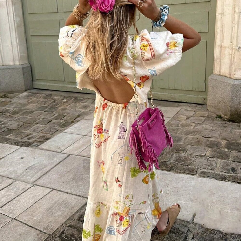 Apricot Casual Women's Elegant Printed Backless Boho Dress